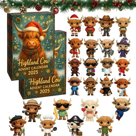 Calendrier de l'Avent 2025, 24 jours de Noël, 24 décorations de vache Highland pour sapin de Noël, décoration d'intérieur (2 pièces) (1/5)