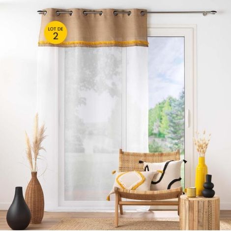 Lot de 2 Voilages a oeillets 140 x 240 cm voile sablé + jute Malory Jaune (1/5)