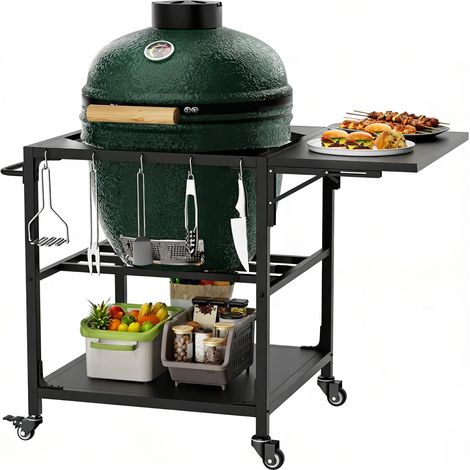 Grilltisch für den Außenbereich, passend für Big Green Egg Grills. Robuster Metallwagen mit Rollen, Ablagefläche, Haken und abnehmbarer Abdeckung. Kompatibel mit dem großen Big Green Egg Grill