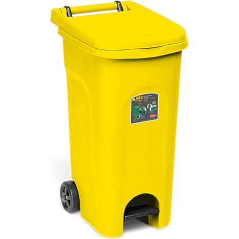 Bidone pattumiera carrellato in resina con anello fermasacco e pedale 80 lt. per raccolta differenziata URBAN ECO SYSTEM - Giallo