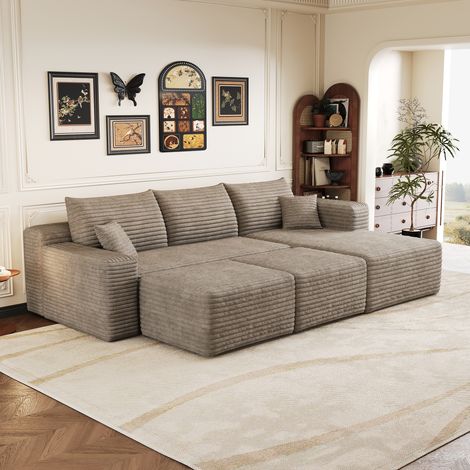 Divano letto compresso, non richiede montaggio, 3 posti in velluto a coste color kaki, chaise longue dritta, con 2 pouf, schiuma 35D, 241x151x58 cm (1/5)
