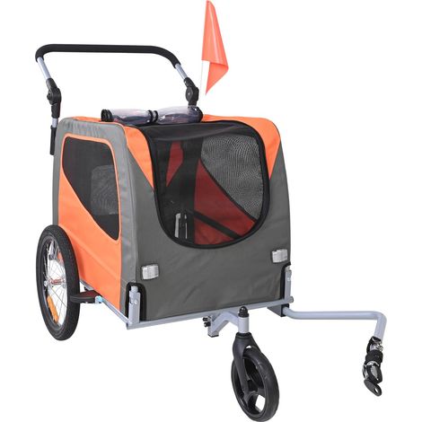 Remorque vélo pour chien, capacité 30 kg, 2-en-1 poussette et remorque, pliage facile, roues amovibles, attelage universel, réflecteurs, drapeau, orange/gris (1/5)