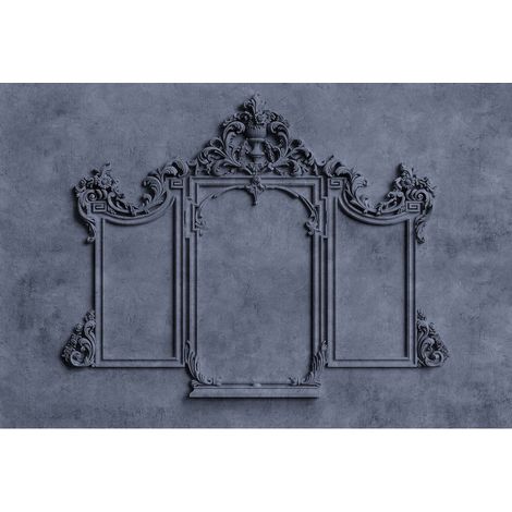 Papier peint panoramique bleu élégant 3D Tapisserie panoramique baroque salon avec moulures Papier peint panoramique trompe l'œil (1/2)