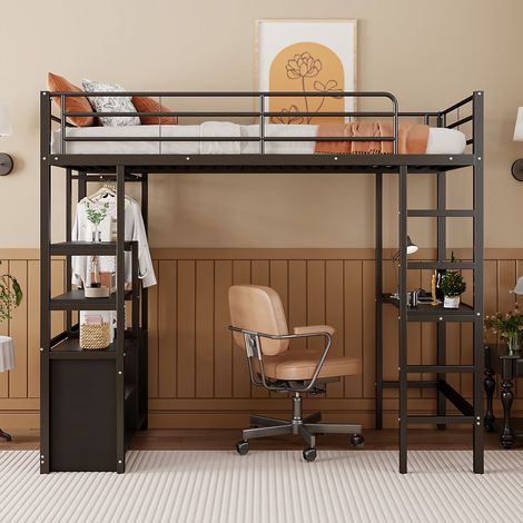 Lit mezzanine 90x200cm, lit avec bureau et prises USB, étagères multiples, placards de rangement ouverts, barrière de sécurité, escalier, cadre de lit en métal, lit adulte style industriel - Noir (1/5)