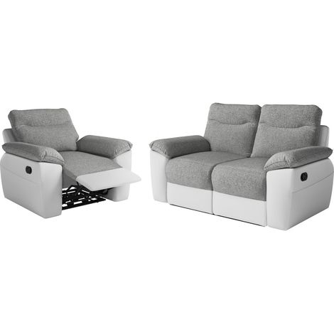 PACK - Canapé de relaxation ROSS manuel 2 places et fauteuil en tissu antitache - Blanc/Gris