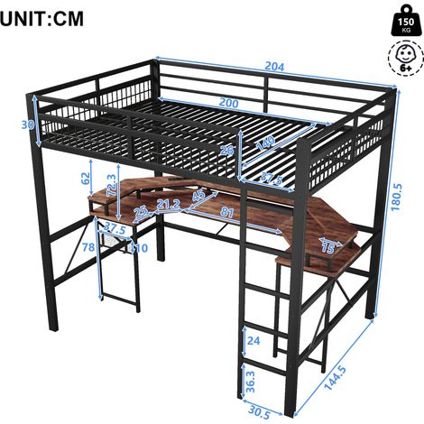 Lit mezzanine, 140 x 200 cm, structure en fer, avec bande lumineuse LED à changement de couleur, avec bureau, 1 port USB + 1 port Type-C et 2 prises, avec panneau perforé, sans matelas, noir