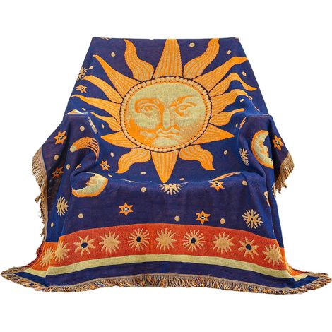 Couvre-lit avec franges - Double face - En coton tissé indien - 130 x 180 cm - Convient comme couverture de canapé, de fauteuil et aussi comme jeté de canapé, jeté de lit, jeté de canapé - Jaune/bleu (1/5)