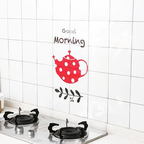 Sticker mural résistant à l'huile, autocollant transparent dessin cartoon théière, décalque de carrelage de cuisine adhésif, protection de surface, déco murale étanche (1/5)