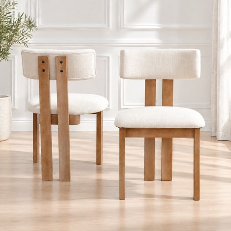 Wahson Lot de 2 chaises de salle à manger en lin beige – Dossier incurvé et coussin rembourré – Pieds en bois massif – Confort optimal pour salon et cuisine, Beige