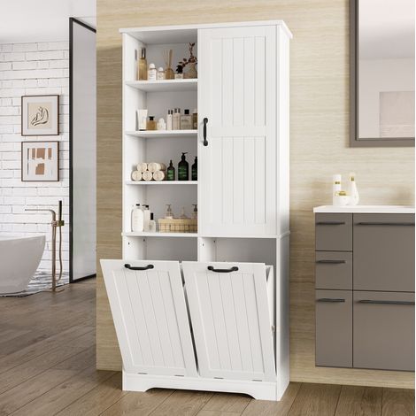 Badezimmerschrank 78x35x172.7 cm weiß MDF mit 2 Wäschekörben, verstellbaren Regalen und 4 offenen Fächern (1/5)