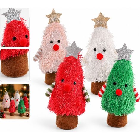 4 Pièces Figurine de Noël en Forme de Sapin Blanc Rouge Vert et Rose Clair Polyester 8,5 x 5 x 16,5 cm 0,1 kg Décoration Table Séjour (1/5)