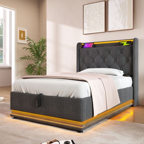 Polsterbett einzelbett, 360-Surround-LED-Funktion, Drucktaste/App/Fernbedienung, Material Hydraulisches Lagerbett, gepolstertes Kopfteil mit USB Typ-C Ladefunktion (Ohne Matratze)