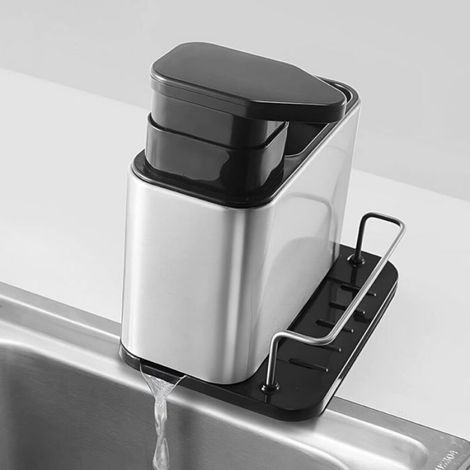 Organisateur évier inox – distributeur vaisselle + porte-éponge + porte-brosse (1/5)