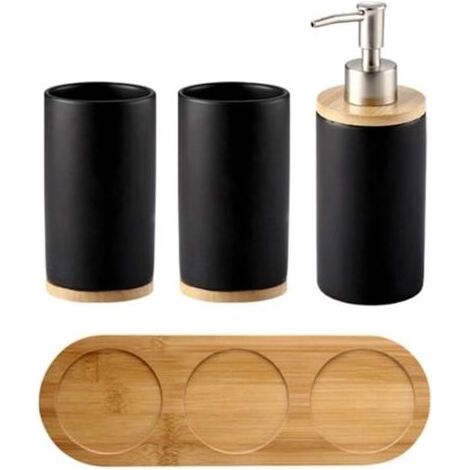Set of 4 Ceramic Bathroom Accessories Set Toothbrush Holder Soap Dispenser Cup Bamboo Tray (1/5)