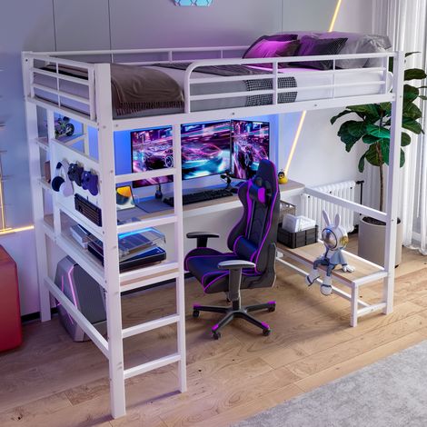 Cama alta moderna 90x200 cm de metal blanco con escritorio, estantes, panel perforado, LED, USB Type-C y escalera (1/5)