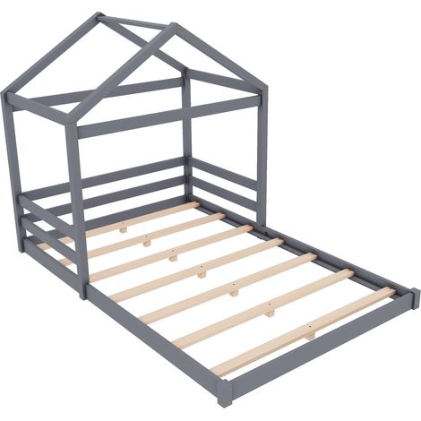 Letto casetta per bambini 140 x 200 cm con rete a doghe, pino e MDF, grigio, HOMVRA (1/5)