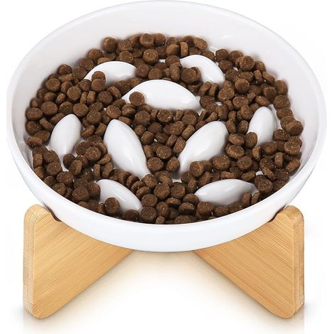 Raised Ceramic Cat Bowl with Bamboo Stand, Raised Cat Bowl with Non-Slip Base, for Cats and Small Dogs, Anti Vomiting, Round, White (1/5)
