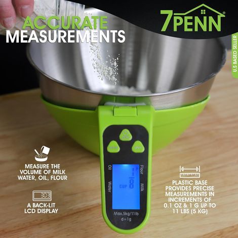 Küchenwaage – Grüne Schüsselwaage mit 2 Litern Fassungsvermögen. Wiegt bis zu 5 kg. – Batteriebetriebene Digitalwaage zum Abnehmen, Backen oder Wiegen von Obst und Gemüse. – Anzeige in Unzen, Pfund un (1/5)
