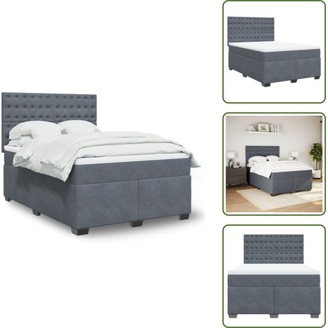Sommier à lattes de lit et matelas Gris foncé 140x190cm Velours - Lit Double - Literie - Matelas À Ressorts Ensachés - Tête De Lit Réglable - Surmatelas (1/5)