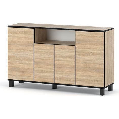 Commode large 140 cm – 4 portes – Chêne Sonoma – Panneau laminé résistant aux rayures – Charnières GTV – Assemblage facile (1/5)