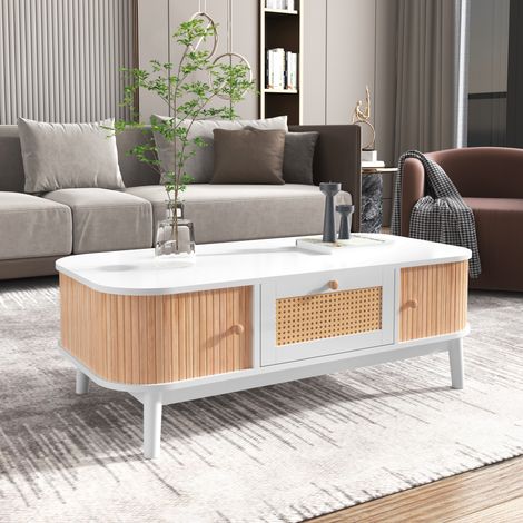Table basse bois et blanche avec tiroirs en rotin et portes coulissantes avec lattes en bois massif, pieds en bois massif