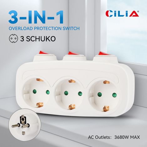 Multiprise CILIA 3-en-1 avec 3 interrupteurs indépendants, 16 A 250 V 3 500 W, triple prise compacte, verrou de sécurité pour adaptateur électrique universel Schuko