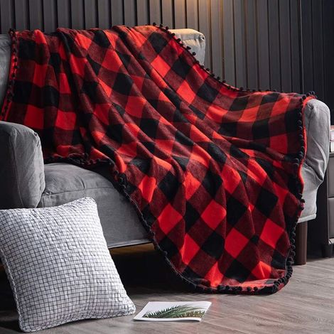 Fleece Blanket with Tassels Fringes, Buffalo Check, Red and Black Flannel Throw for Sofa Bed, Suitable for All Seasons (130 x 150 cm) (1/5)