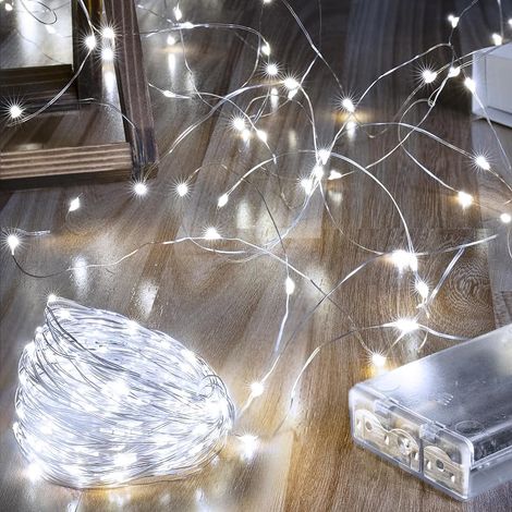 Guirlande lumineuse LED à piles de 5 m, 50 LED pour intérieur, fil de cuivre, étanche IP44, mini guirlande lumineuse pour jardin, balcon, fête, mariage, décoration (blanc) (1/5)