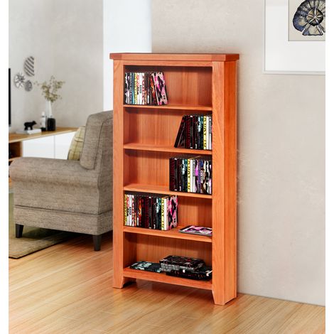 Hallowood Furniture Cotswold Oak Wide CD/DVD Storage Unit, 5-Tier Solid Wooden Media CD Rack, Holds 250CDs or 175DVDs, DVD/CD Tower, Trendy Oak Furniture for Living Room, Bedroom or Offices (1/5)