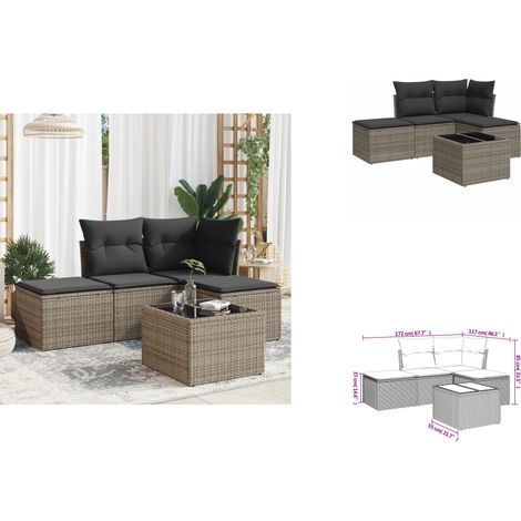 The Living Store Salon de jardin 5 pcs avec coussins gris résine tressée - Meubles extérieurs (1/3)
