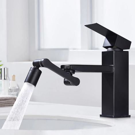 Mitigeur Lavabo Salle de Bain Noir avec Bec en Laiton – Robinet Design Moderne, Cartouche Céramique Anti-Fuite, Aérateur Anti-Éclaboussures Économiseur d’Eau (1/5)