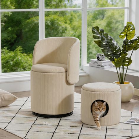 Fauteuil rembourré élégant : tabouret de coiffure pivotant à 360° pour chambre à coucher et salle à manger, avec rangement intégré, assise molletonnée, usage polyvalent pour maquillage/salle à manger (1/5)