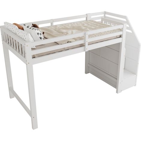 Lit surélevé 90x200 cm avec sommier à lattes sans matelas, garde-corps, marches rangement et espace libre, certifié EN747, blanc, chambre enfant. (1/5)