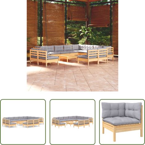 Terrassensofa - 13-tlg. Garten-Lounge-Set mit Grauen Kissen Massivholz Kiefer (1/5)