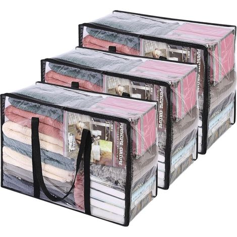 Sacs de rangement transparents pour vêtements, 3 unités, 40 l, pliables et avec fermeture éclair () (1/5)