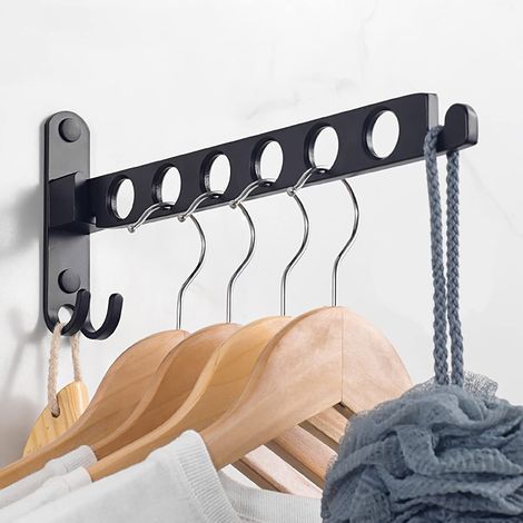 Wandmontierter Kleiderständer, Wandmontierter Kleiderbügel-Wäscheständer, 90 ° drehbarer, wandmontierter, faltbarer Kleiderständer, für Balkon, Badezimmer, Hotel (Schwarz, 1) (1/5)