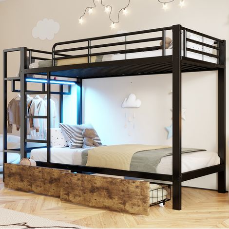 Letto a castello in metallo nero 90 x 200 cm con 2 cassetti, ripiani, barra LED e barra appendiabiti (1/5)