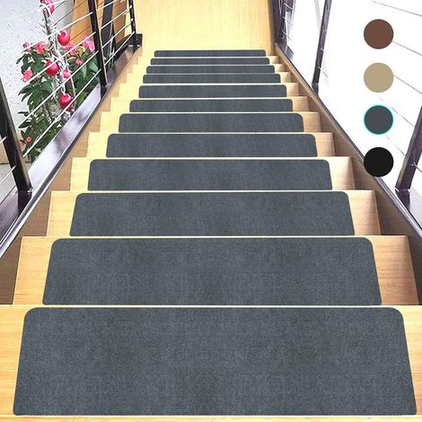 15 pièces 76 cm 20 cm marches d'escalier en bois, tapis antidérapant pour escaliers en moquette, ensemble d'escalier en colimaçon en moquette – Noir (1/5)