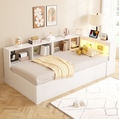 Lit coffre 90x200 cm blanc avec LED et prise intégrée, lit simple avec grand coffre hydraulique, structure en bois et MDF (1/5)