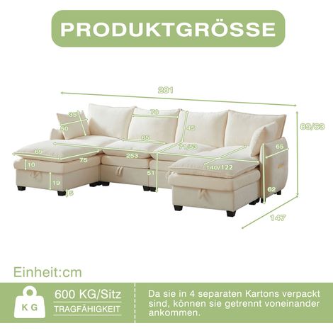 Canapé modulaire en U avec espace de rangement, 4 sièges et 2 repose-pieds. Housse en chenille et cadre bois massif, design pour salon