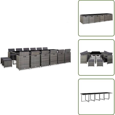 The Living Store 17-tlg. Garten-Essgruppe mit Auflagen Poly Rattan Grau - Rattan-Stuhl (1/5)