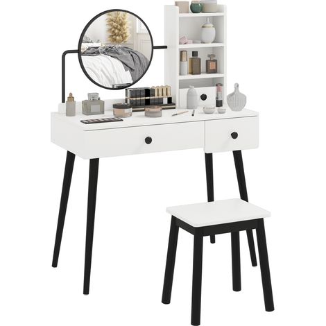 White Vanity Makeup Table Set with Mirror and Stool,3 Drawers and Open Shelves for Bedroom or Living Room Storage