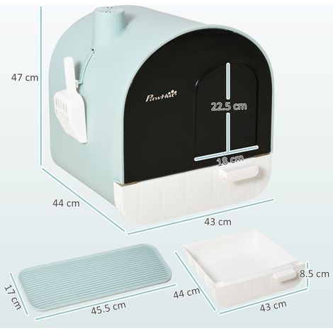 Geschlossene Katzentoilette mit Filtern, Schaufel und Schale. Material: PP. Maße: 43 x 44 x 47 cm. Farbe: Grün. (1/5)