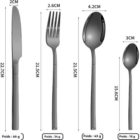 Couverts en acier inoxydable, coffret chevalier 24 pièces, 4 pièces principales, couverts à steak doré, style épuré (1/3)