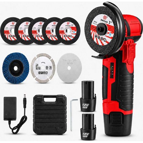 12V 76mm Mini Cordless Angle Grinder with 2 x 1500mAh Batteries and 8 Discs Cordless Cutting 19500RPM Multi-Function Electric Sander for Wood and Tile Red (1/5)