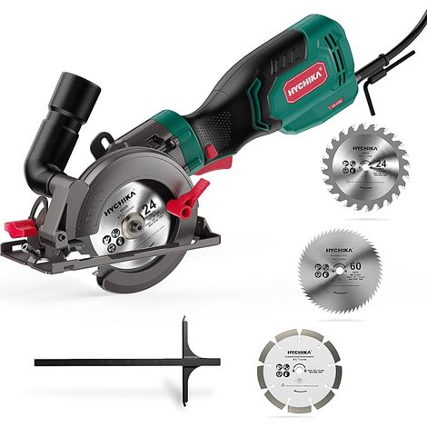 Sierra Circular 750W, HYCHIKA Mini Sierra Circular de Mano 3500RPM, 3 Cuchillas (125mm y 115mm) Profundidad de Corte: 48mm (90°) y 32mm (45°)
