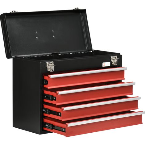 Mallette à outils acier 4 tiroirs tige rabattable fermetures métalliques 51x22x39.5 cm Noir Rouge