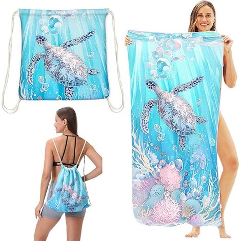 Microfiber Beach Towel Women 140 x 70 cm Backpack Absorbent Quick Dry Sand Free Travel Swimming Blue Turtle (1/5)