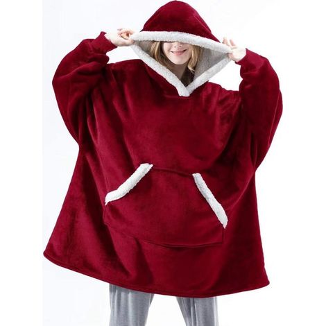 Couverture à capuche et manches longues, unisexe, idéale pour le canapé ou devant la télévision, 120 x 90 cm. Rouge. (1/4)