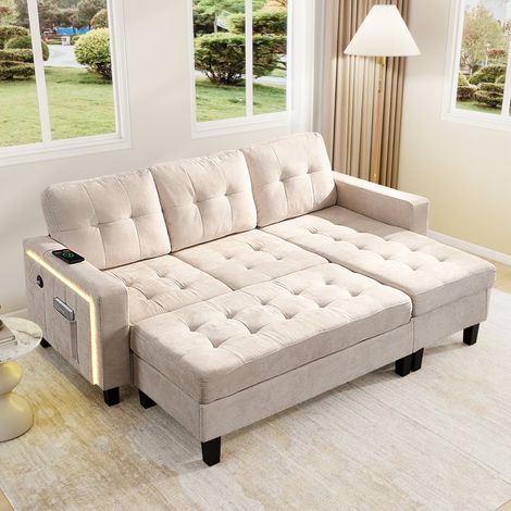 Canapé con chaise longue de chenilla beige convertible con puff móvil, cama 156x115 cm, LED y USB